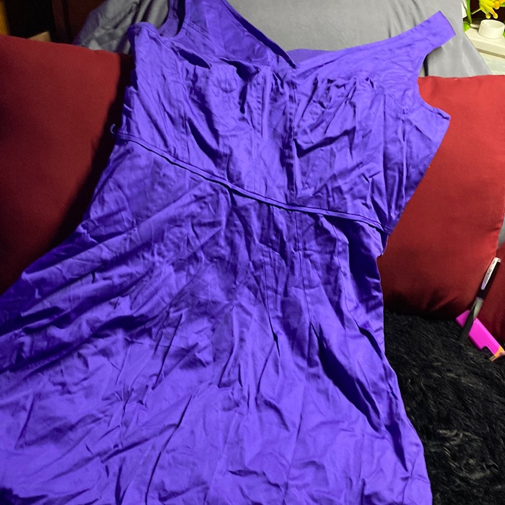 Dark purple on edge of shoulder dress, short above knee